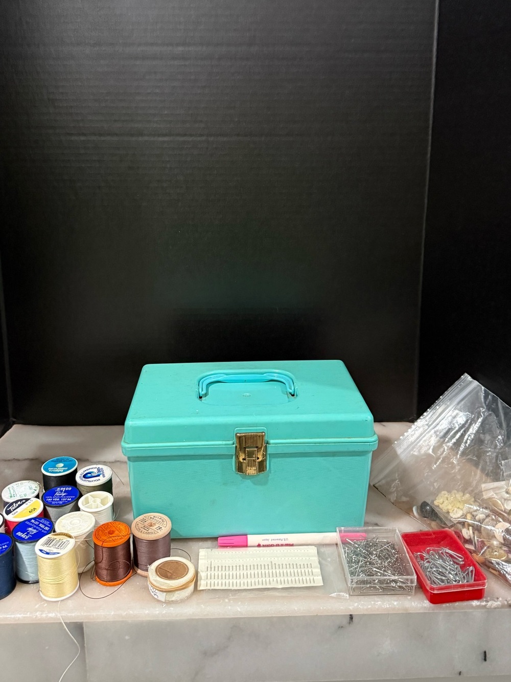 Blue 1960s Wilson’s acrylic sewing box with Accessories